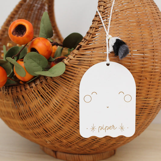 wooden folk ghost custom halloween tag