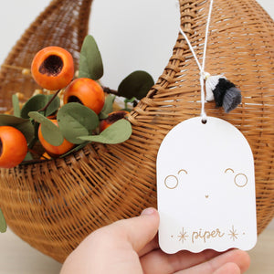 wooden folk ghost custom halloween tag
