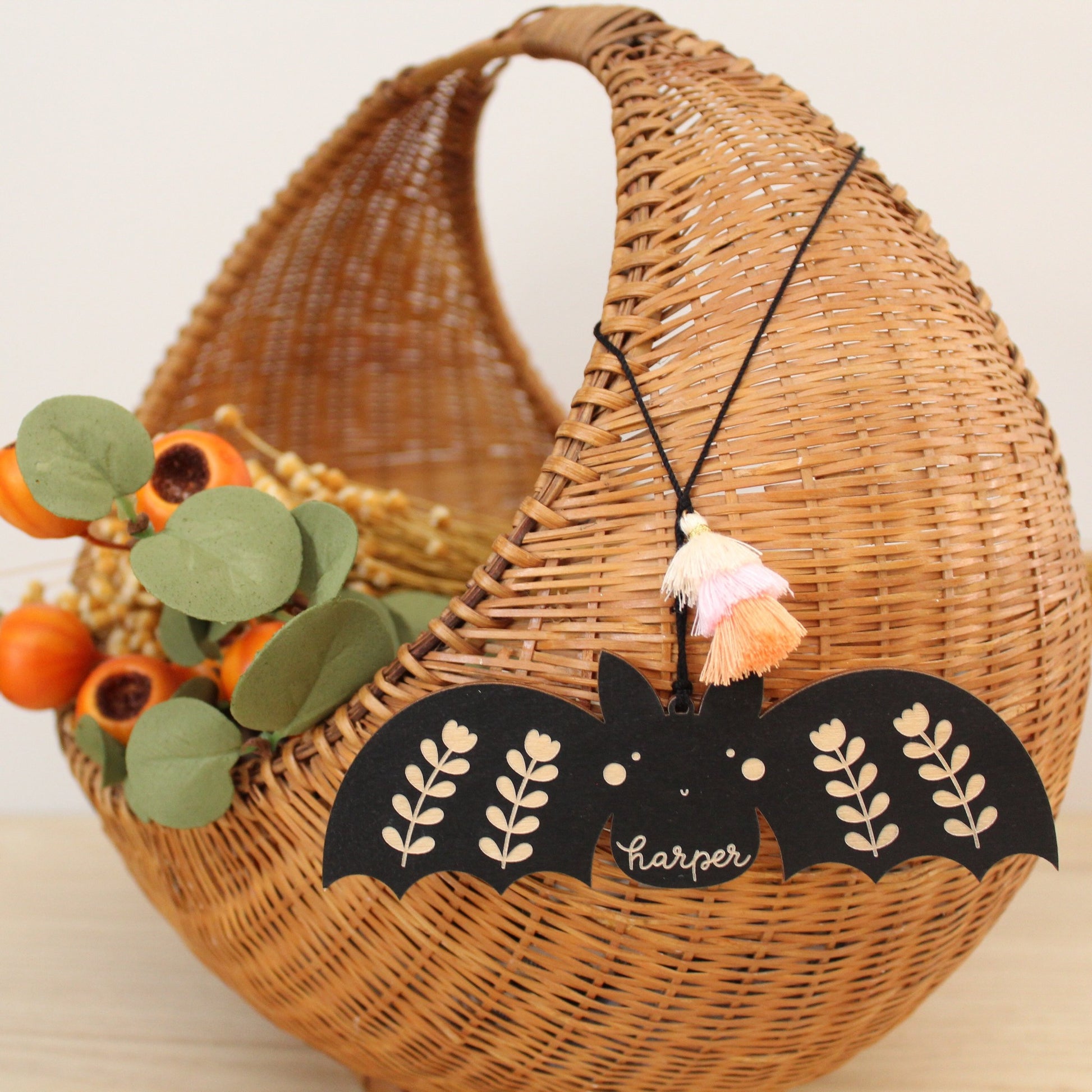 wooden bat customizable halloween name tag, boo basket tag