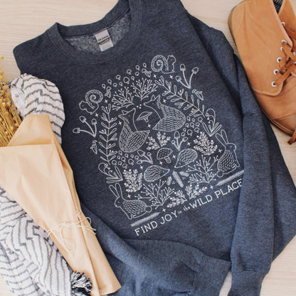 adult uni-sex sweatshirt, find joy in the wild places, dark grey