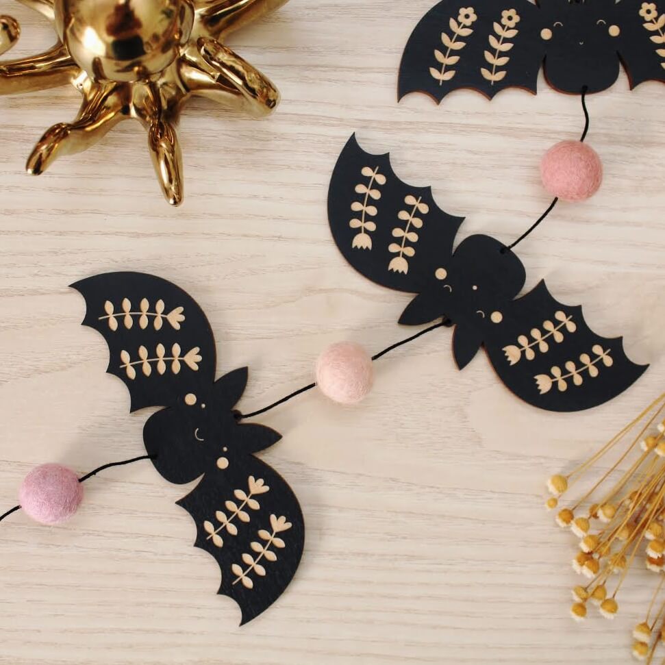 vertical bats wooden folk halloween garland cute spooky pom poms