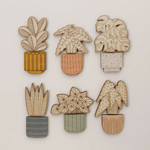 collection of six assorted wooden houseplant magnets for mixing and matching.
