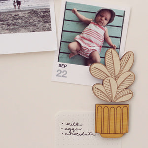 wooden houseplant magnets shown holding up pictures against a white background.