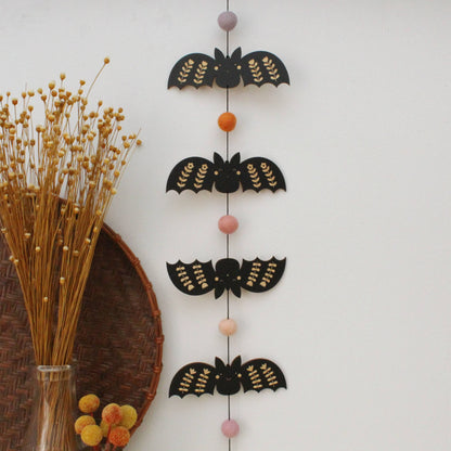 vertical bats wooden folk halloween garland cute spooky pom poms