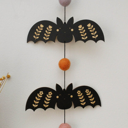 vertical bats wooden folk halloween garland cute spooky pom poms