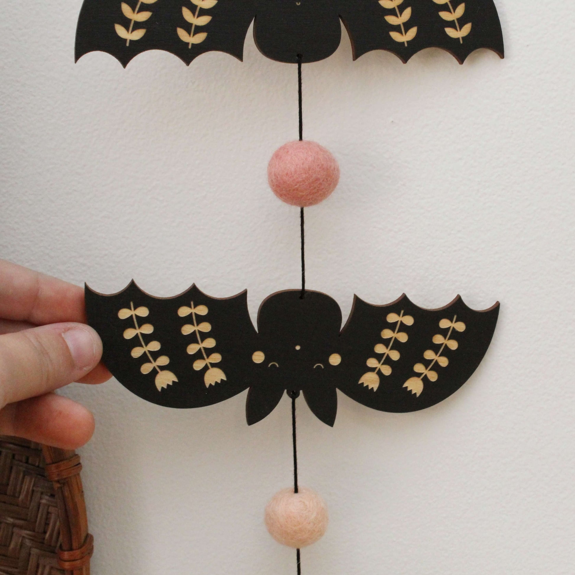 vertical bats wooden folk halloween garland cute spooky pom poms