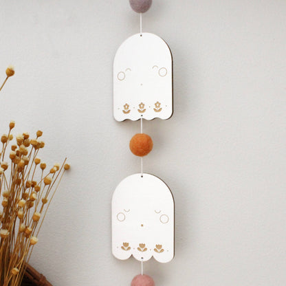 vertical ghosts wooden folk halloween garland, floral