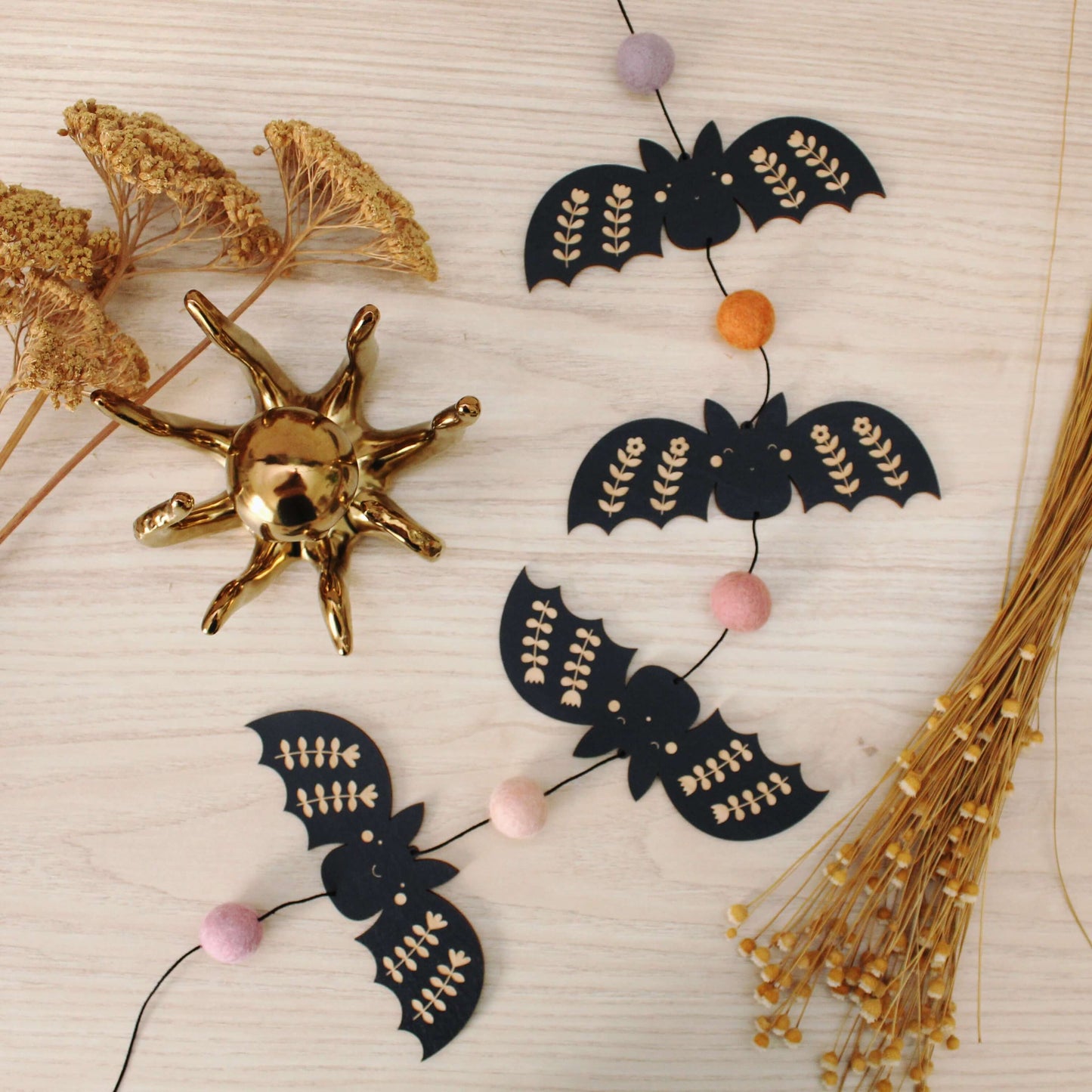 vertical bats wooden folk halloween garland cute spooky pom poms