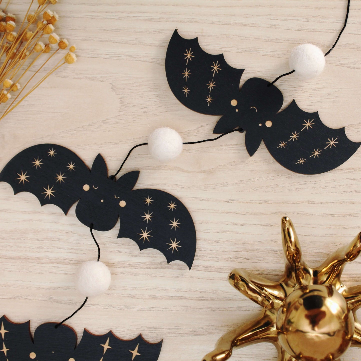 Wooden Bat Halloween Garland Decor with  Star Design and White Pom Poms