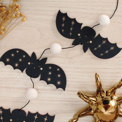 Wooden Bat Halloween Garland Decor with  Star Design and White Pom Poms