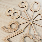 load image into gallery viewer, folksy floral wooden cake topper numbers.
