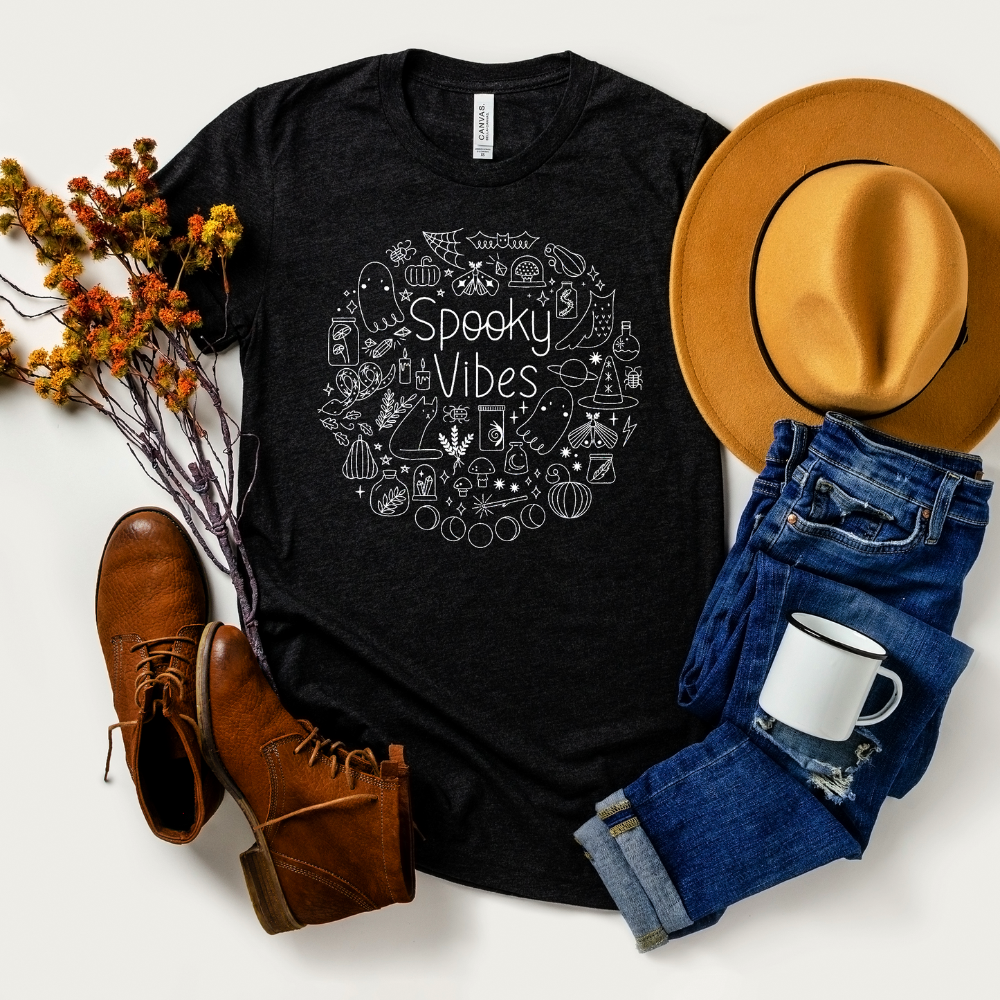 adult uni-sex t-shirt, spooky season, white on black
