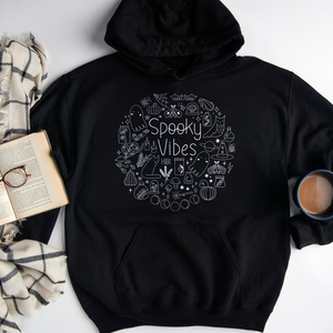 adult uni-sex hoodie, spooky season, white on black
