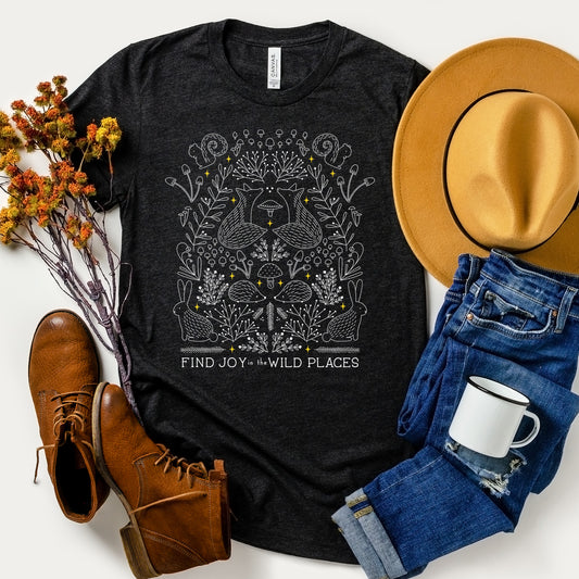 adult uni-sex shirt, find joy in the wild places, heather black