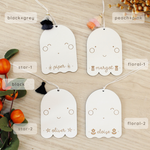 load image into gallery viewer, wooden folk ghost custom halloween tag
