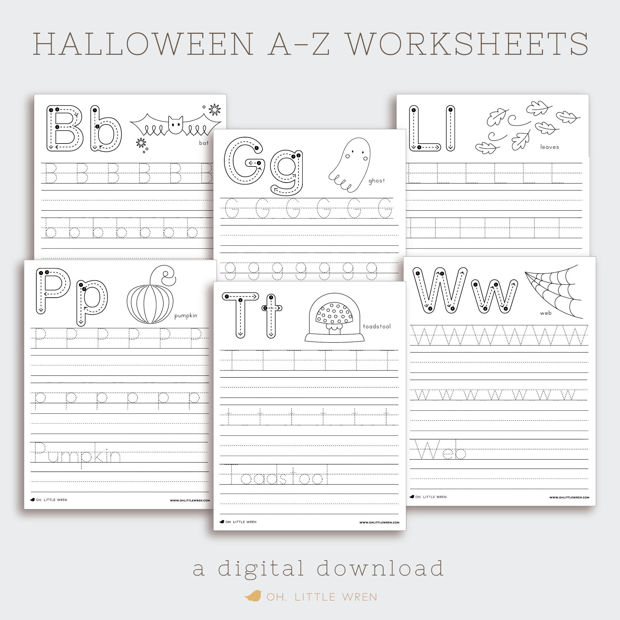 DIGITAL halloween themed preschool alphabet tracing pages