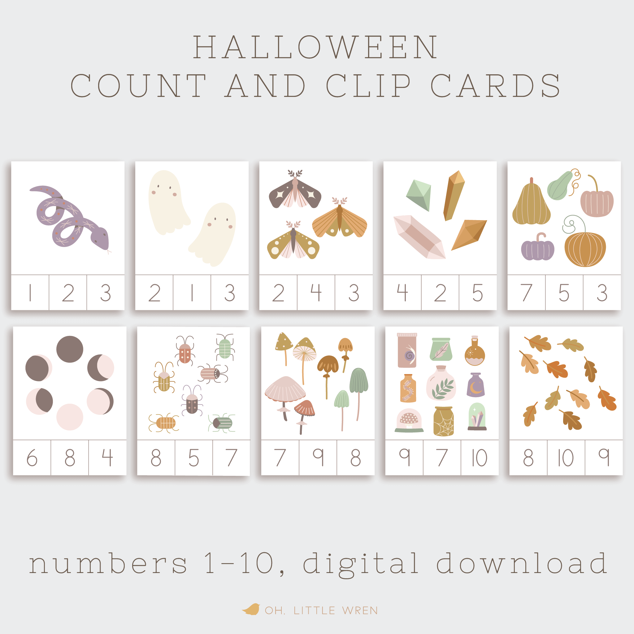 preschool counting and clip cards with halloween themed cute illustrations in muted colors.
