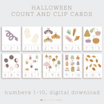 load image into gallery viewer, preschool counting and clip cards with halloween themed cute illustrations in muted colors.
