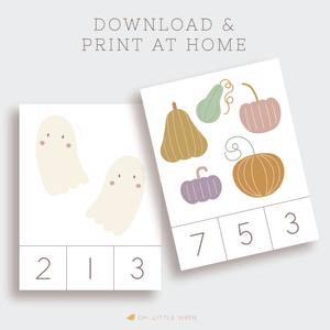 preschool counting and clip cards with halloween themed cute illustrations in muted colors.