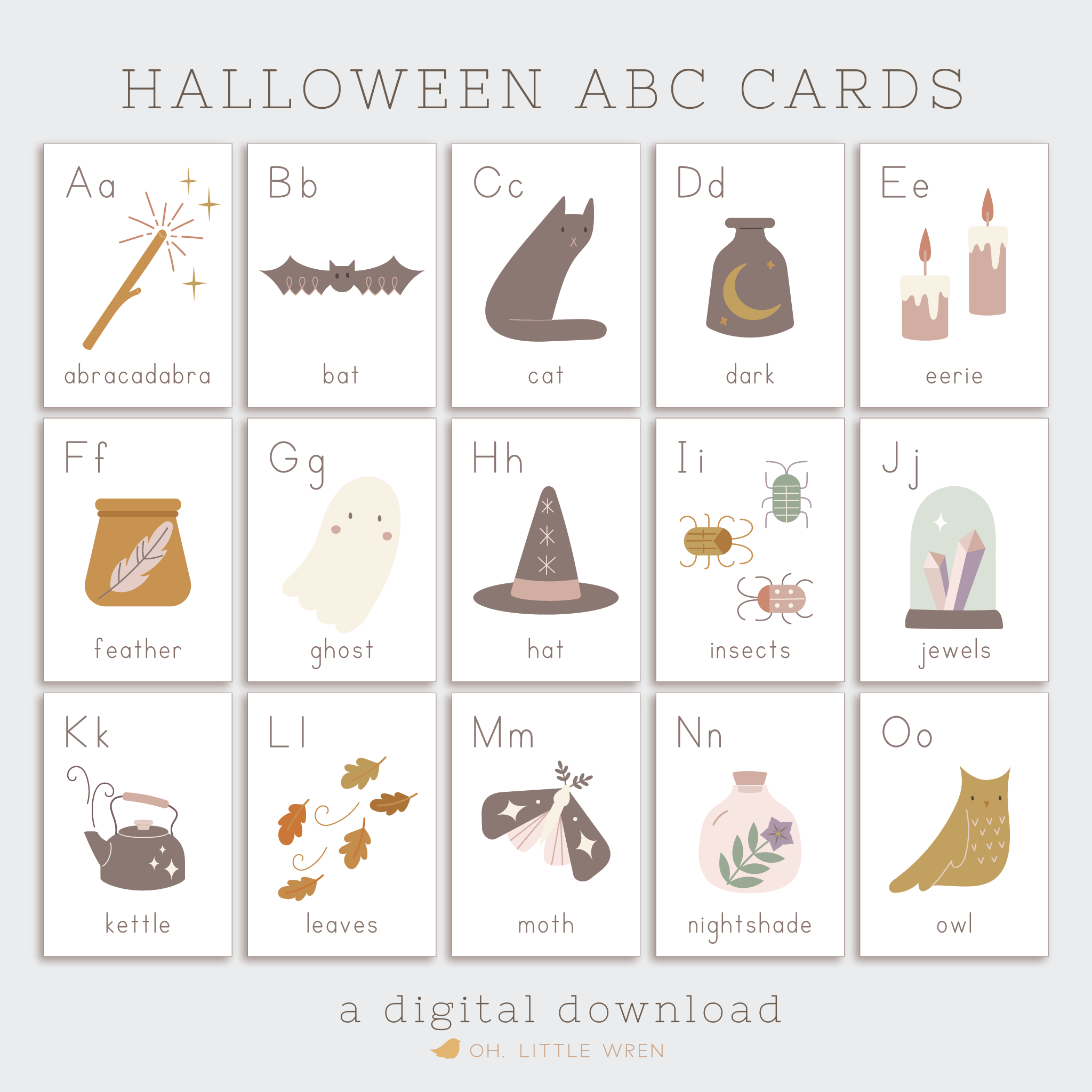 halloween themed alphabet cards for letters a to z for preschool learning. muted colors and not so spooky illustrations.
