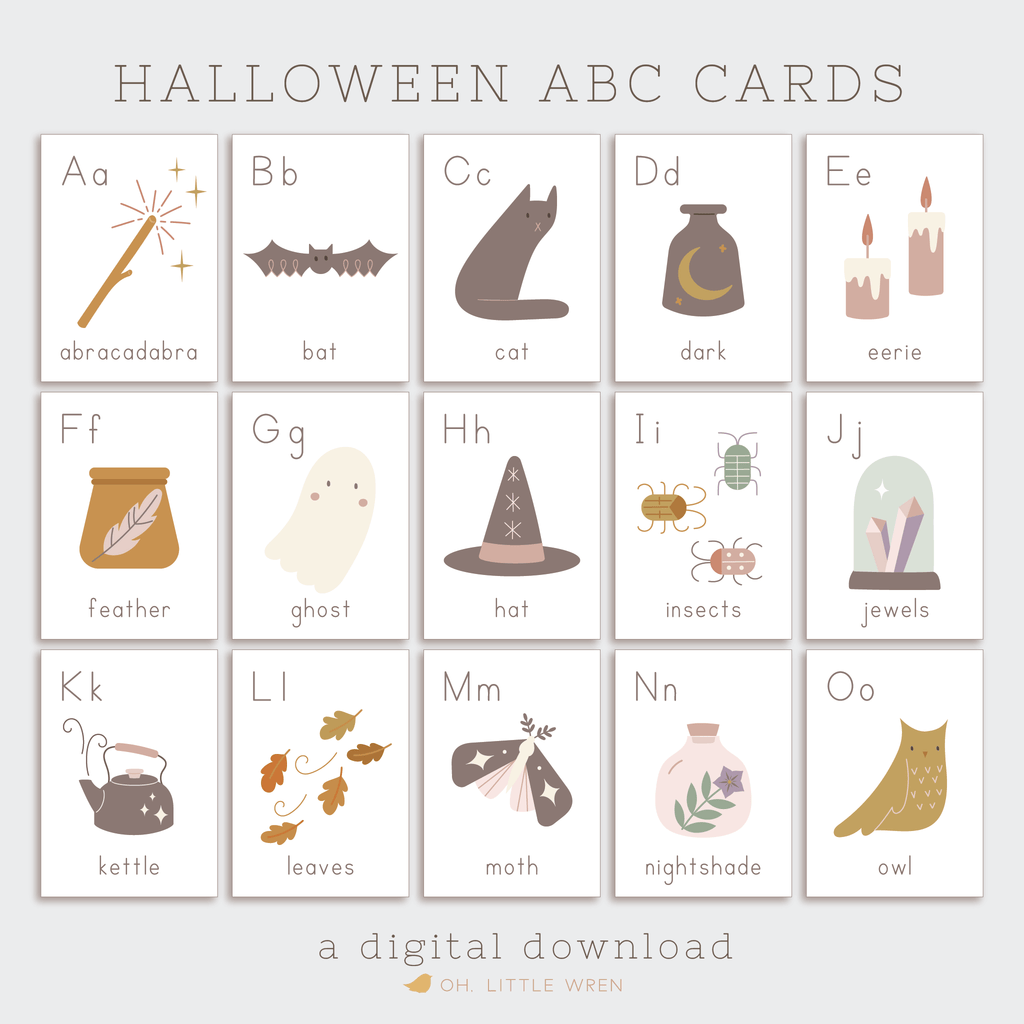 halloween themed alphabet cards for letters a to z for preschool learning. muted colors and not so spooky illustrations.