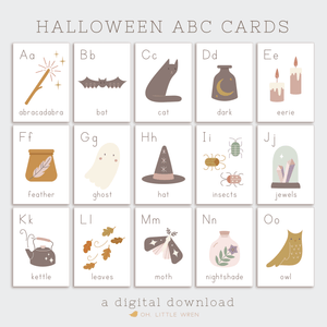 halloween themed alphabet cards for letters a to z for preschool learning. muted colors and not so spooky illustrations.