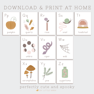 halloween themed alphabet cards for letters a to z for preschool learning. muted colors and not so spooky illustrations.