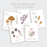 load image into gallery viewer, halloween themed alphabet cards for letters a to z for preschool learning. muted colors and not so spooky illustrations.
