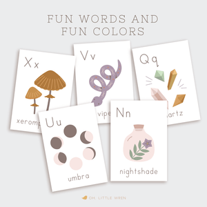 halloween themed alphabet cards for letters a to z for preschool learning. muted colors and not so spooky illustrations.