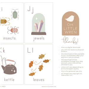 halloween themed alphabet cards for letters a to z for preschool learning. muted colors and not so spooky illustrations.
