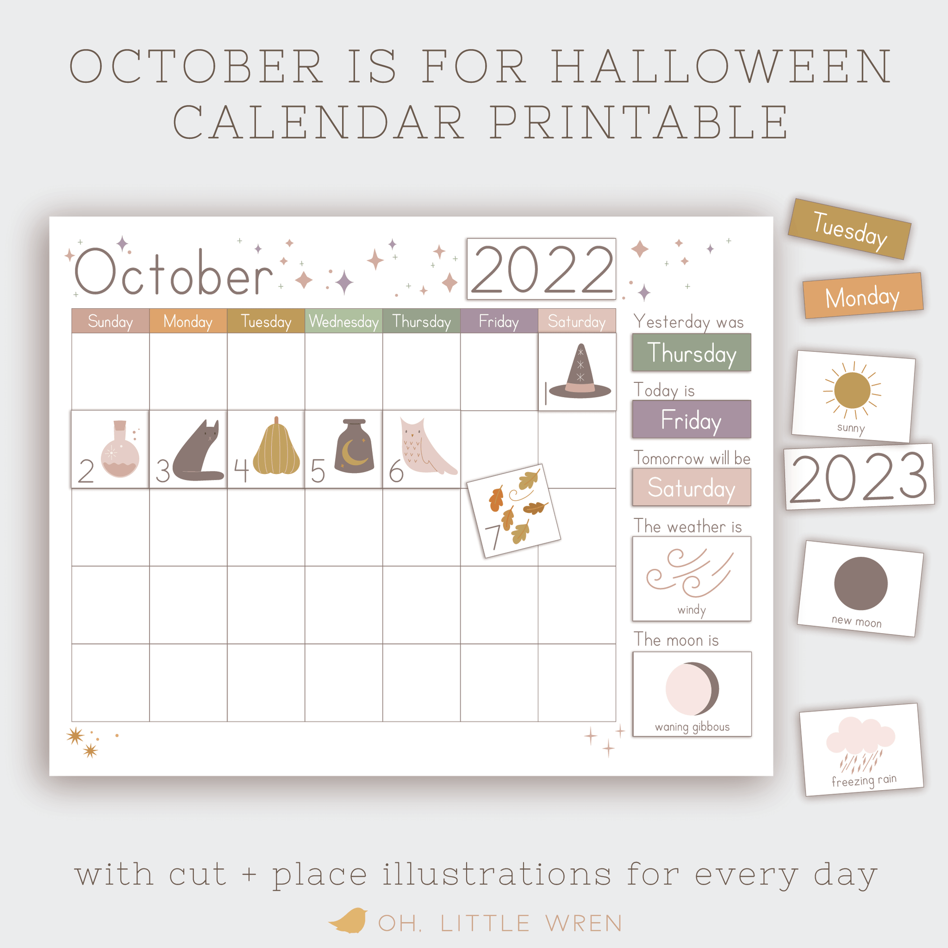 interactive halloween preschool calendar with daily illustrations, moon phases and weather.