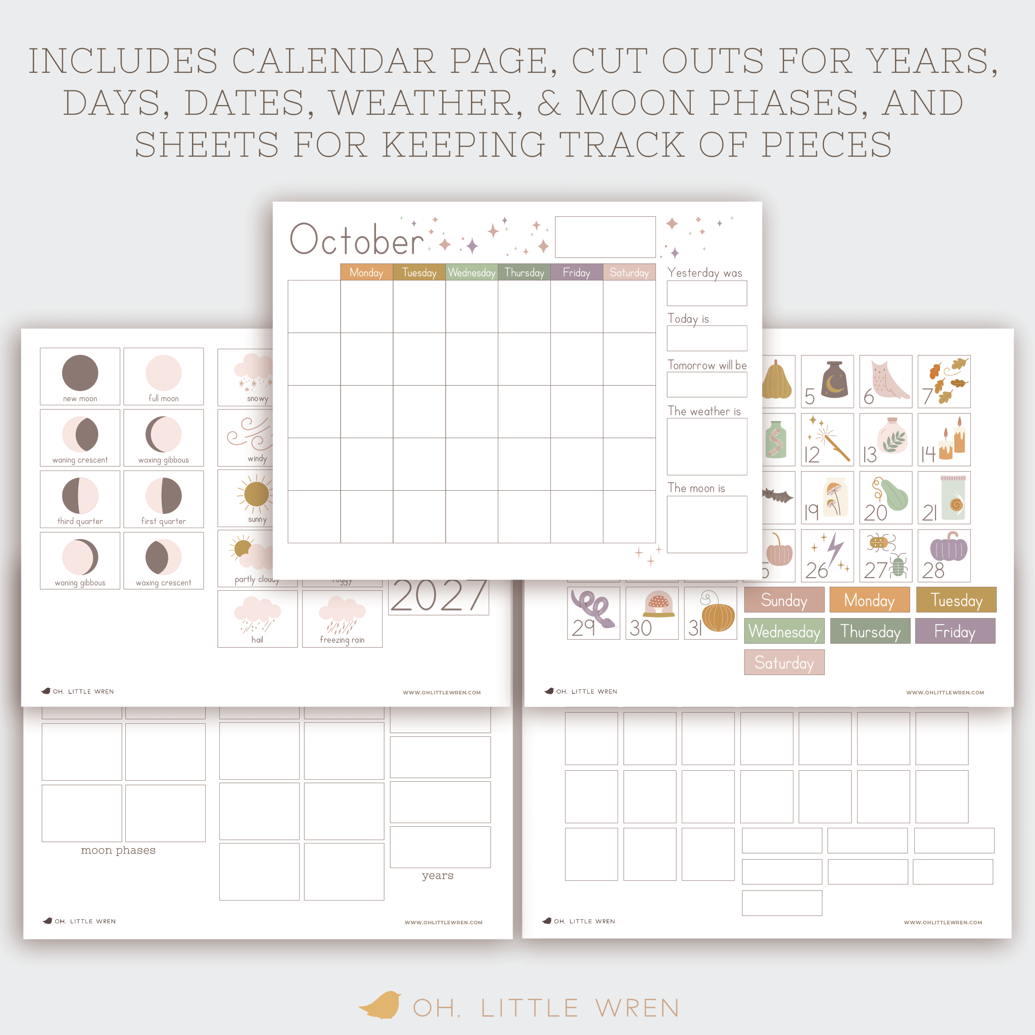 interactive halloween preschool calendar with daily illustrations, moon phases and weather.