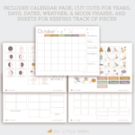load image into gallery viewer, interactive halloween preschool calendar with daily illustrations, moon phases and weather.
