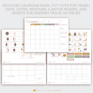interactive halloween preschool calendar with daily illustrations, moon phases and weather.
