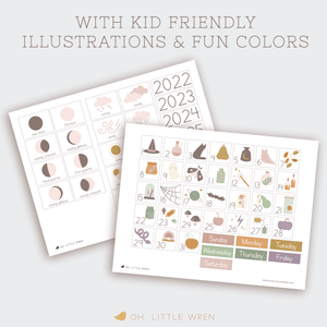 interactive halloween preschool calendar with daily illustrations, moon phases and weather.