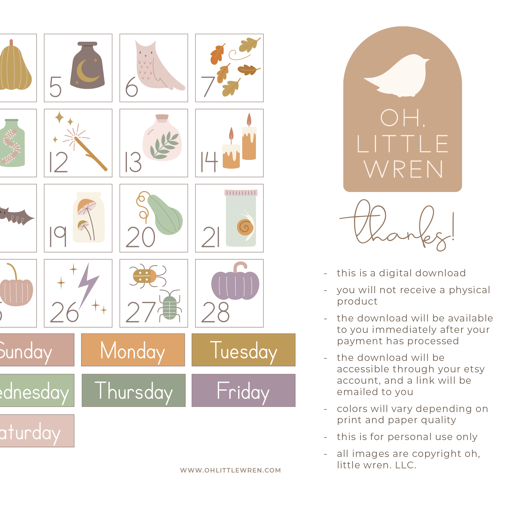 interactive halloween preschool calendar with daily illustrations, moon phases and weather.