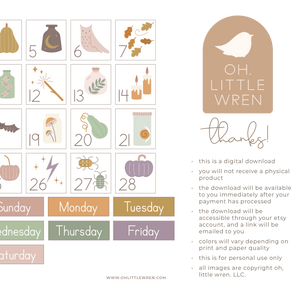 interactive halloween preschool calendar with daily illustrations, moon phases and weather.