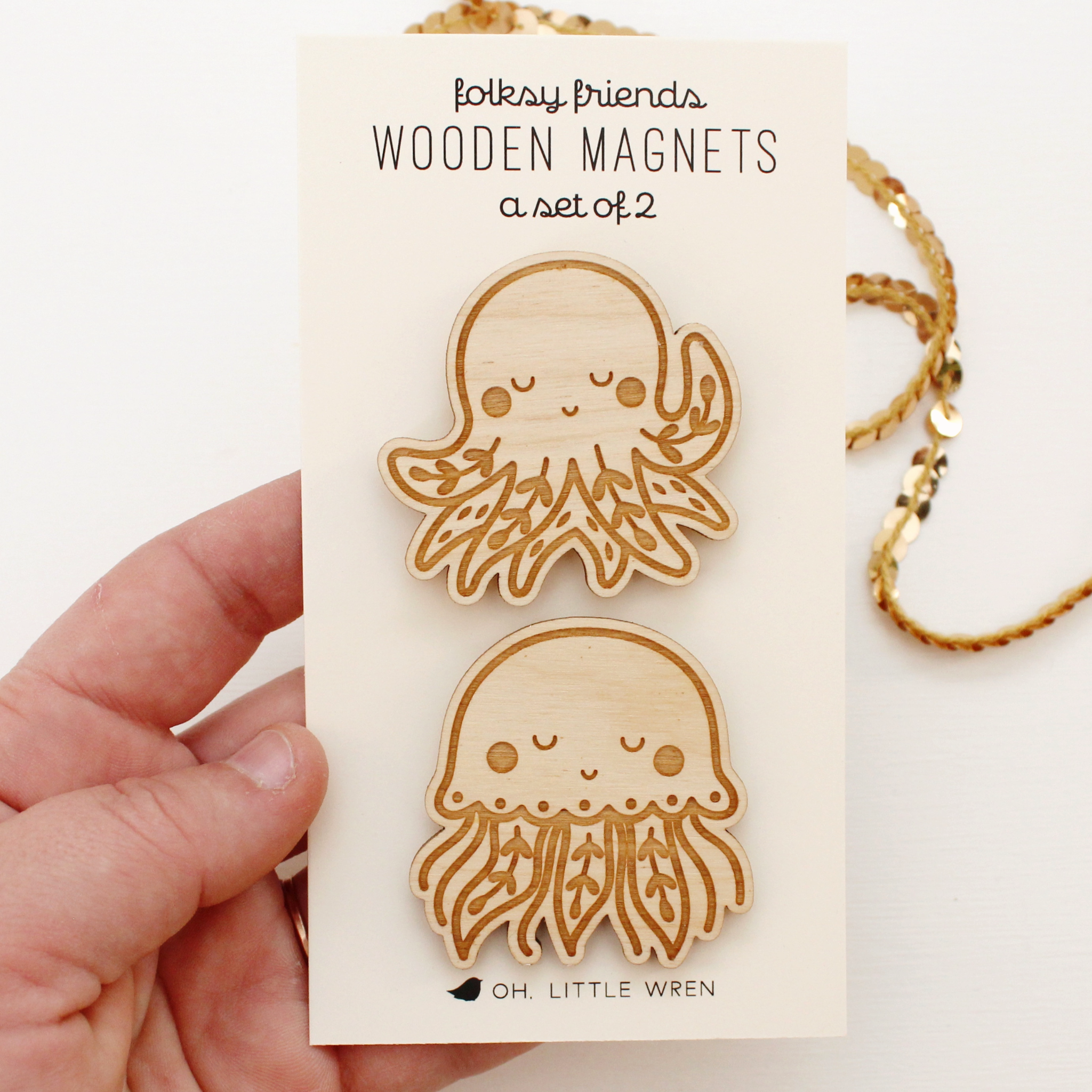 wooden octopus and jellyfish magnets with leafy cute details