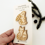 load image into gallery viewer, wooden woodland animal magnet pair with a rabbit and fox with leafy details
