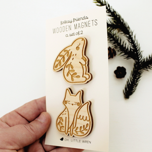 wooden woodland animal magnet pair with a rabbit and fox with leafy details