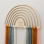 load image into gallery viewer, personalized wood and yarn rainbow wall hanging
