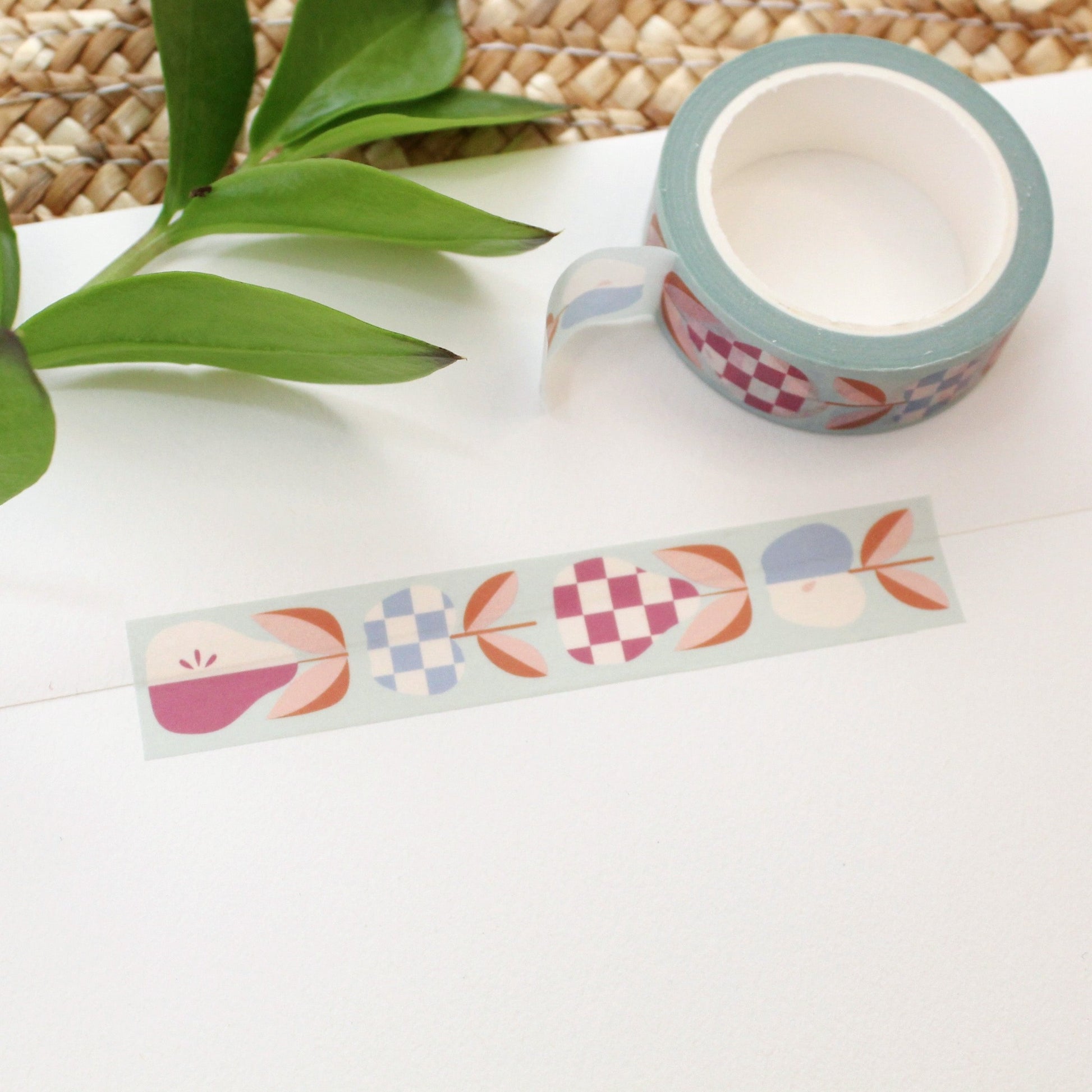 purple and blue apples and pears on washi tapes. featuring fun checks and a light blue background.